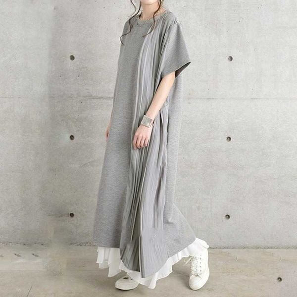 

japanese style literature and art model pure color simple temperament loose pleated swing short sleeve jumpsuit long skirt 210615, Black;gray