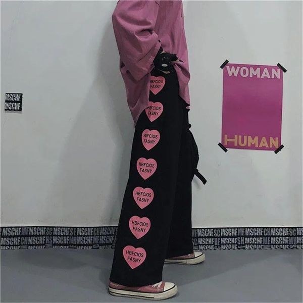 

women's pants & capris dailou summer casual trousers cotton blended high waist elastic printing wide leg long straight legs, Black;white