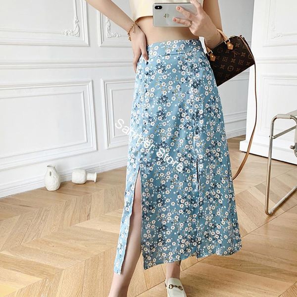 

2021 new saias femininas cetim split flor impresso brilhante cintura alta a linha floral midi saia com botes vero novo xtsz, Black