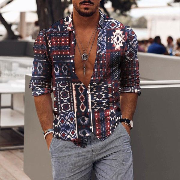 

men's casual shirts vintage fashion autumn printed long sleeve blouse streetwear camisas hombre manga larga, White;black