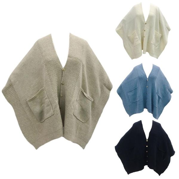 

women winter knit oversized poncho blanket front pockets button shawl cardigan 83xf, Blue;gray