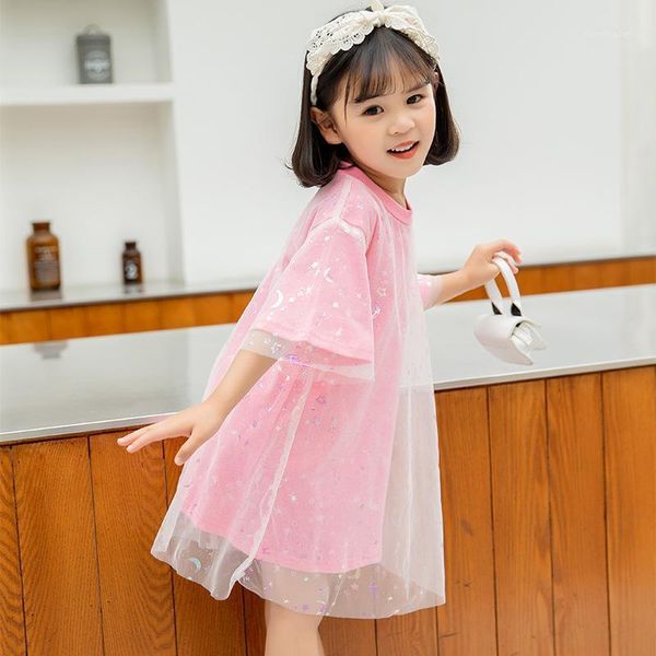 

girl's dresses dress girls summer fashion children's clothing big kids round neck short sleeve shiny net gauze princess1, Red;yellow