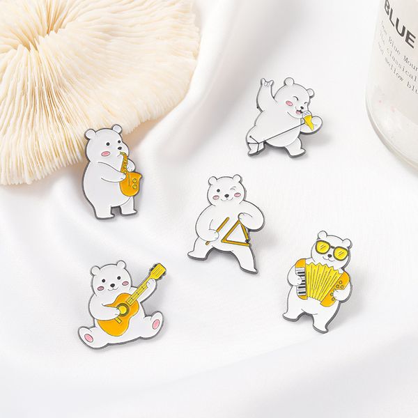 

korea open concert white bear play instruments shape brooch pin women men cartoon alloy animal clothes badge backpack hats business suit lap, Gray