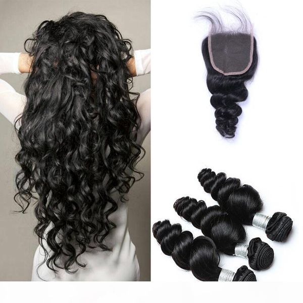 

brazilian loose wave hair weaves 3 bundles with closure middle 3 part double weft human hair extensions dyeable human hair weave, Black