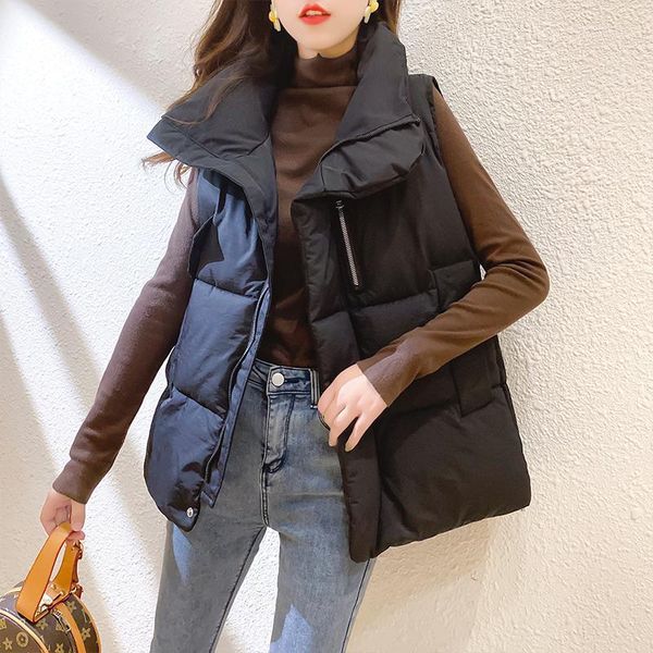 

women's down & parkas 2021 winter short solid vest plus size korean style sleeveless jacket women cotton padded thick stand collar fema, Black