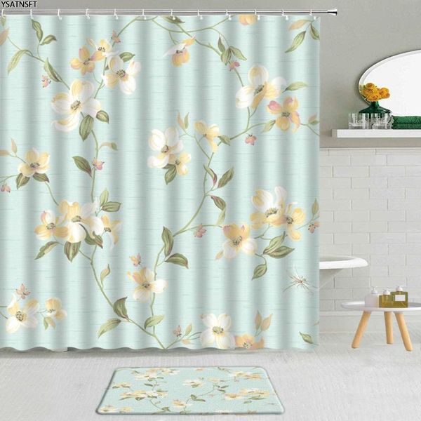

shower curtains 2pcs simple floral curtain green background creative birds flower fabric non-slip bath mat decor bathroom set