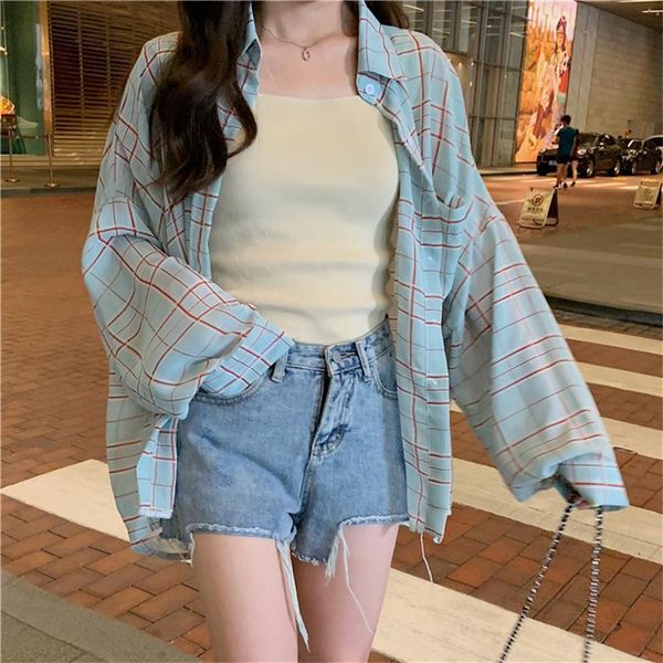 

women's blouses & shirts women summer kawaii ulzzang lovely casual loose plaid retro shirt female sweet harajuku tunic for 's cute, White