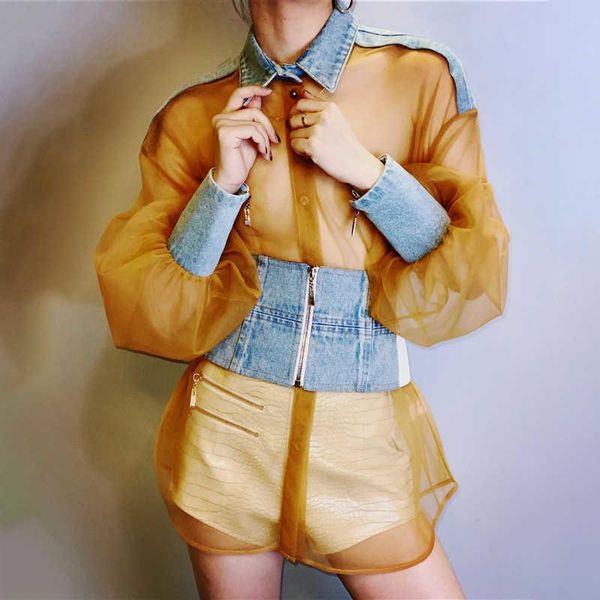 

women's blouses & shirts [ewq] turn-down collar patchwork mesh denim shirt women lapel long sleeve casual blouse organza clothing 2021, White