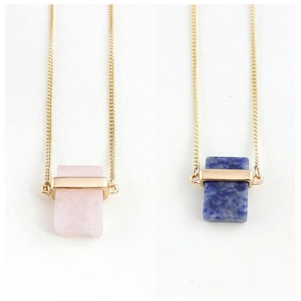 

genuine exquisite handmade rectangle pink crystal stone polishing metal druzy natural stone rose quartz necklaces pyramid pendants necklace, Silver