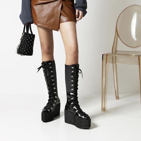 

dress shoes wind 2021 autumn and winter fashion thick bottom ultra-high heel 33-48 size high tube women's boots, Black