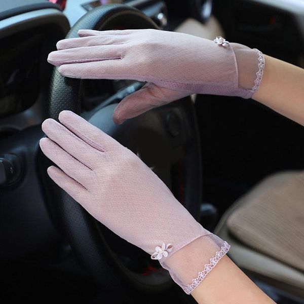 

five fingers gloves driving thin silk lace touch screen glove summer women uv sunscreen short floral, Blue;gray