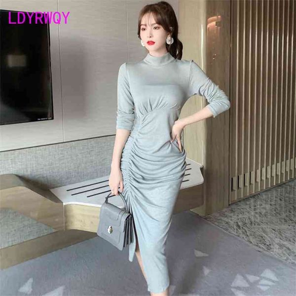 

fall / winter casual pleated waist drawstring buttock split mid length slim bottom dress 210603, Black;gray