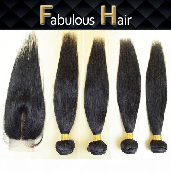 

5a hair lace closure 3.5x4 middle part with 4 bundles unprocessed peruvian virgin straight human hair weft weave extensions 5pcs lot, Black