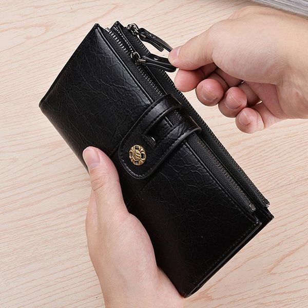 

new wallet men's wallet pu long retro hand phone bag buckle multifunctional business, Red;black