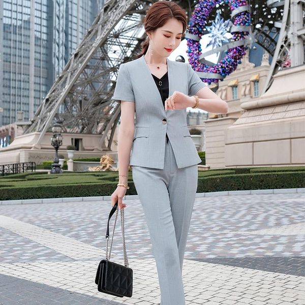 

summer ladies grey blazer women business suits pant and jacket sets work clothes office uniform style, White