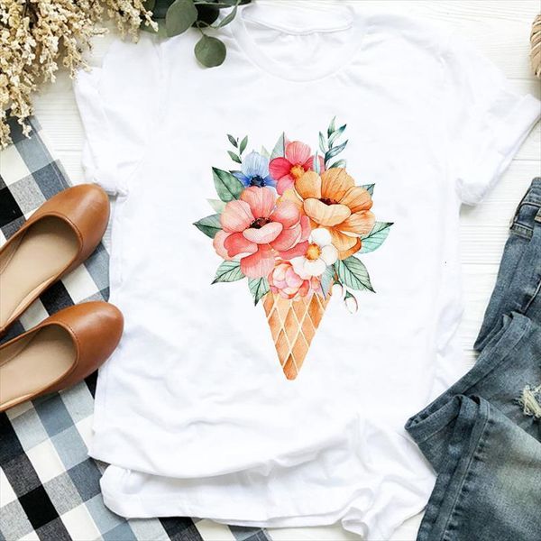 

men lady cartoon ice cream t shirts flower 90s style clothing cute print shirt clothes graphic female tee, White;black