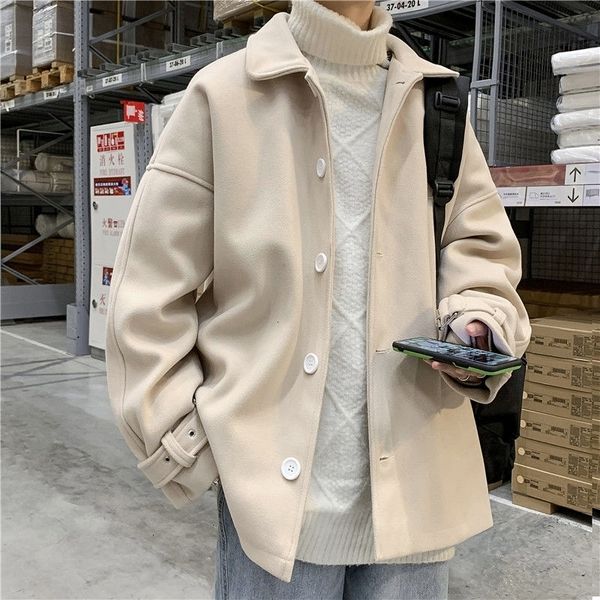 

2021 short men's fashion solid color casual men autumn winter oversize woolen coat mens overcoat ferr, Black