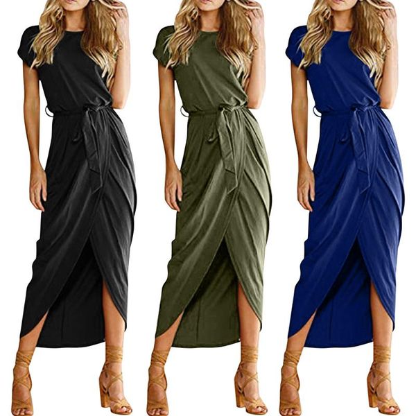 

casual dresses elegant ladies office maxi dress women's o-neck short sleeve slit solid party summer long vestido de mujer, Black;gray
