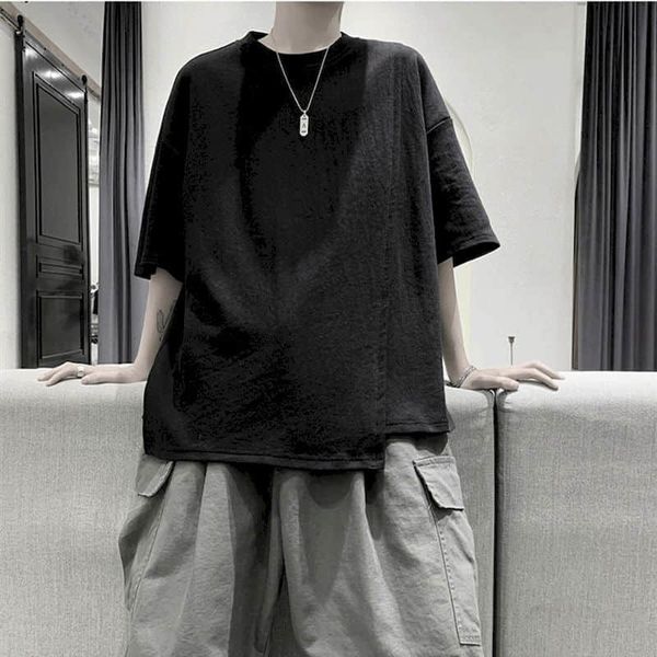 

japanese short sleeve tshrit men t will see beautiful korean trend color solid asymmetric design shirt on loose fashion mbxa, White;black