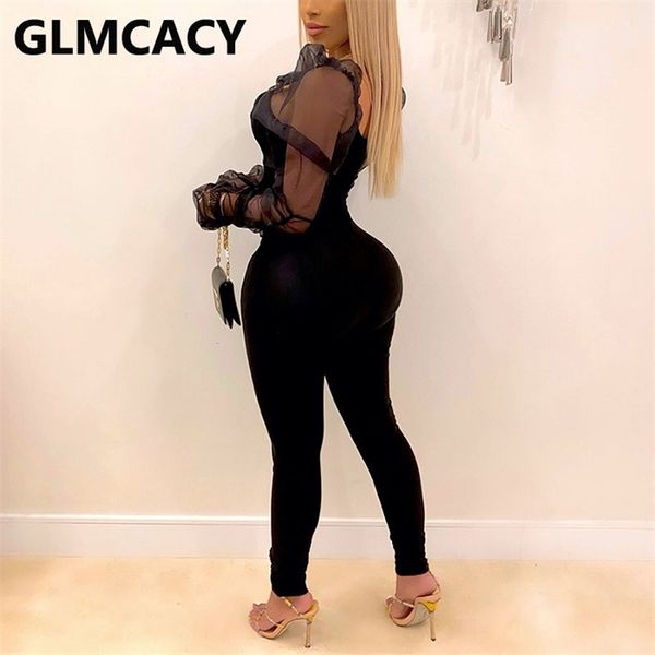 

women mesh puff sleeve solid jumpsuits skinny chhic party club jumpsuit, Black;white