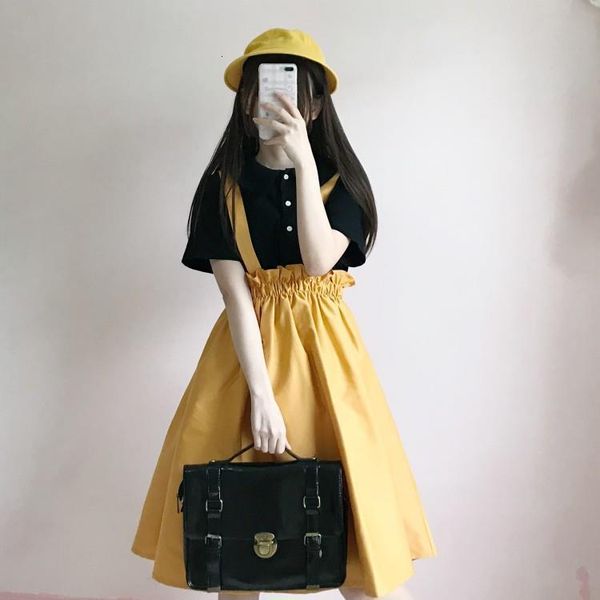 

preppy style girl's 2pcs women's set linen cotton summer short sleeve shirt & long suspender skirt big hem, Gray