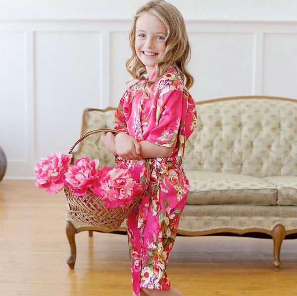 

women's sleepwear satin silkflower girl floral kids kimono robe bridesmaid bride wedding child nightgown bathrobe 4/8/12 size, Black;red