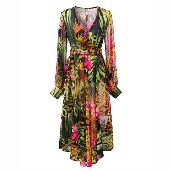

casual dresses women nice dress summer long sleeve plant print bohemian robe causal big expansion vestidos fashion chiffon lace up, Black;gray