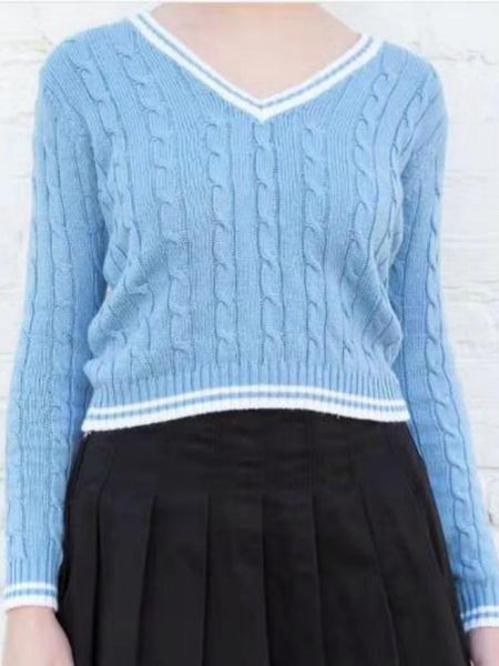 

cinessd 2021 spring new arrivals women's soft milk blue sweater pullover long sleeve art versatile contrast v-neck sweater, White;black