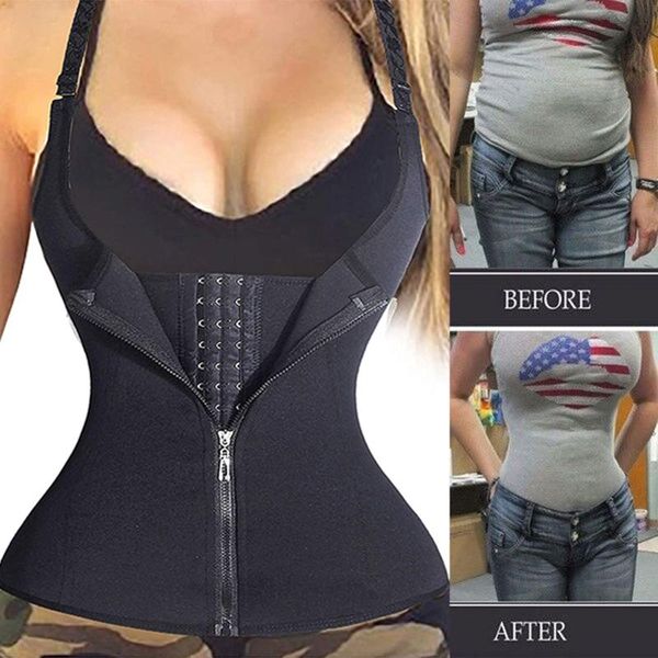 

women's shapers women waist trainer corset zipper vest neoprene body shaper cincher tank with adjustable straps slimming belt faja shap, Black;white