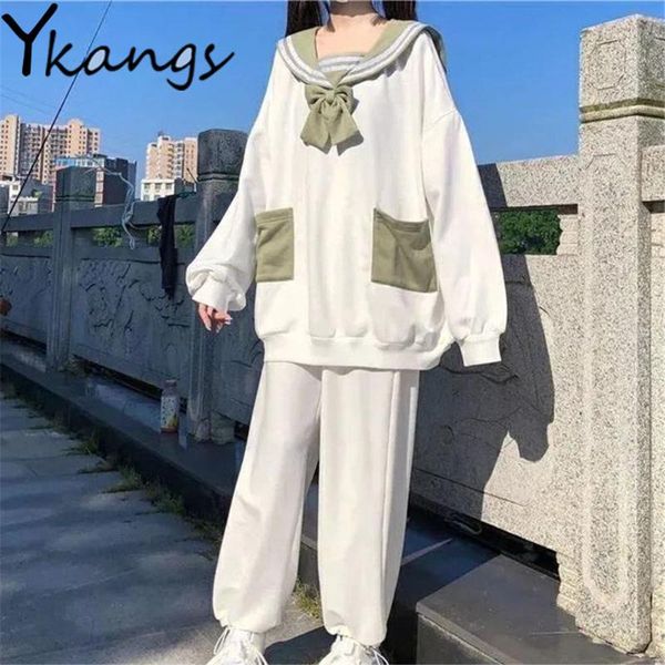 

women's two piece pants korean style loose ears sailor collar pockets +drawstring casual two-piece suit sweet big size streetwear, White