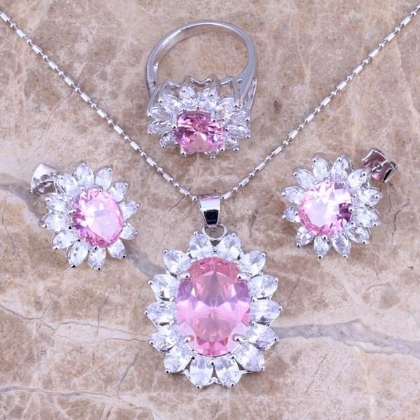 

earrings & necklace pink white cz silver plated jewelry sets pendant ring size 6 7 8 9 10 s0060