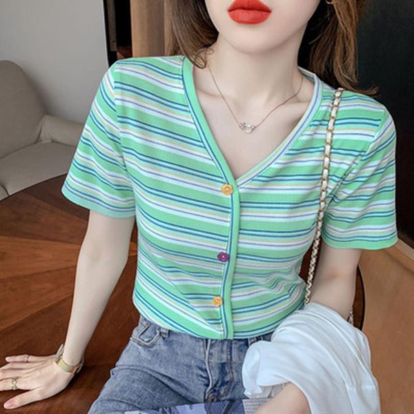 

women's t-shirt summer korean style cotton chic v-neck button rainbow striped elastic women bottoming shirt tees, White