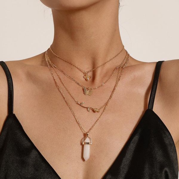 

pendant necklaces boho multilayer butterfly choker necklace natural stone hexagonal column chain for women fashion jewelry gift, Silver