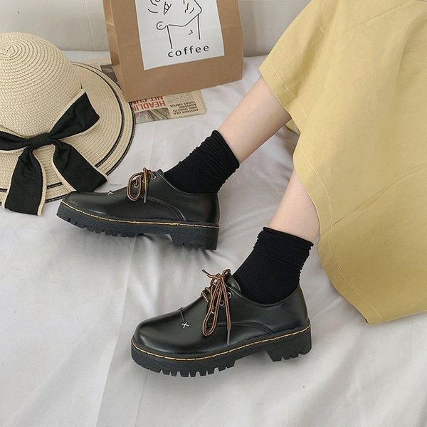 

dress shoes spring and autumn college style women retro round head rough heel pumps lacing casual single s0131, Black
