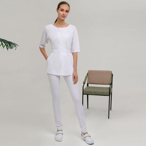

women's two piece pants health centre women nursing working suits personal clinic female solid color workwear sets beauty uni, White