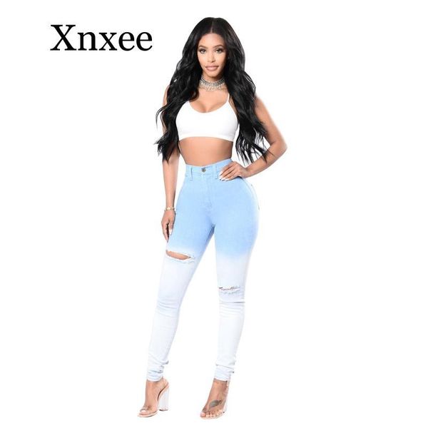 

women's jeans spring and autumn high waist skinny fashion hole female casual blue white gradient pencil pants