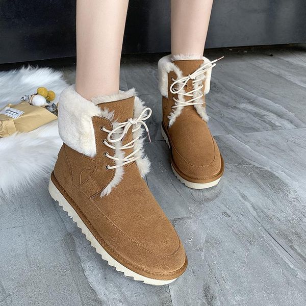 

boots suede ankle lace up women shoes 2021 warm plush winter casual platform femmes bottes, Black