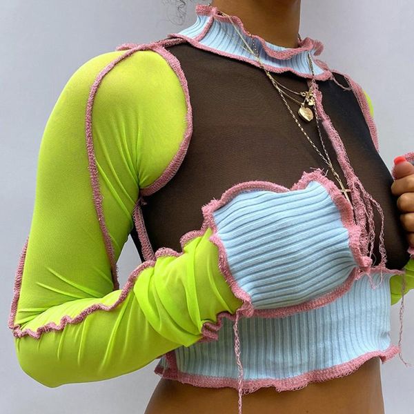 

women's t-shirt women patchwork mesh cropped shirts long sleeve see-through slim crop transparent tee shirt female, White