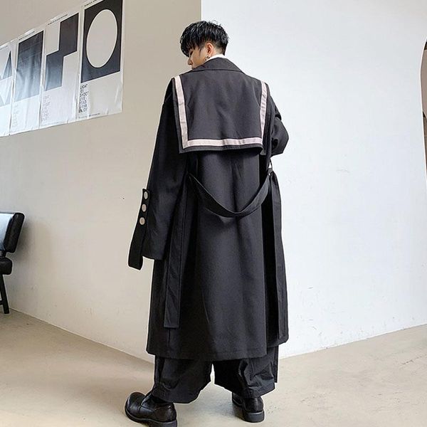 

men's trench coats men vintage coat double breasted ribbon splice loose casual long windbreaker jacket overcoat male streetwear outerwe, Tan;black