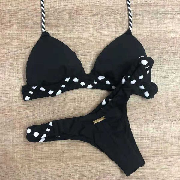 

new solid color rope split bikini swimsuit, Red;black