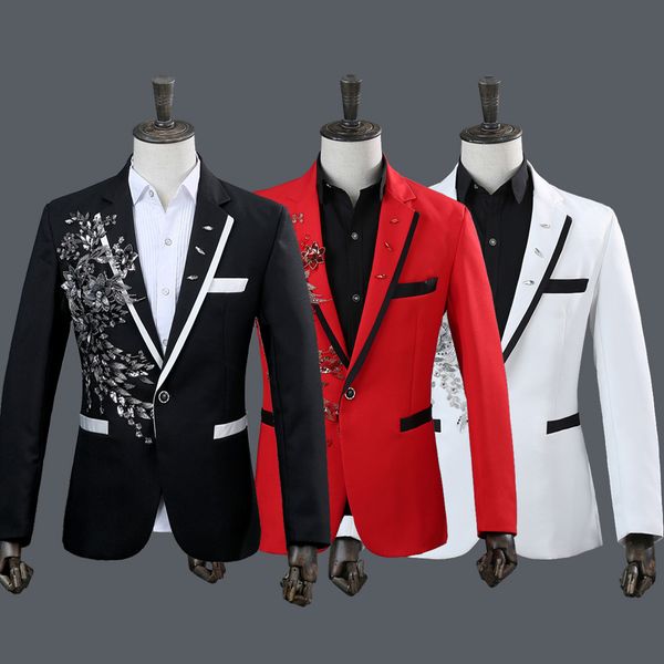 

(jacket+pants) male suit host stage wear singer nightclub bar prom costumes glee club show performance sequins set with diamonds, Black;red