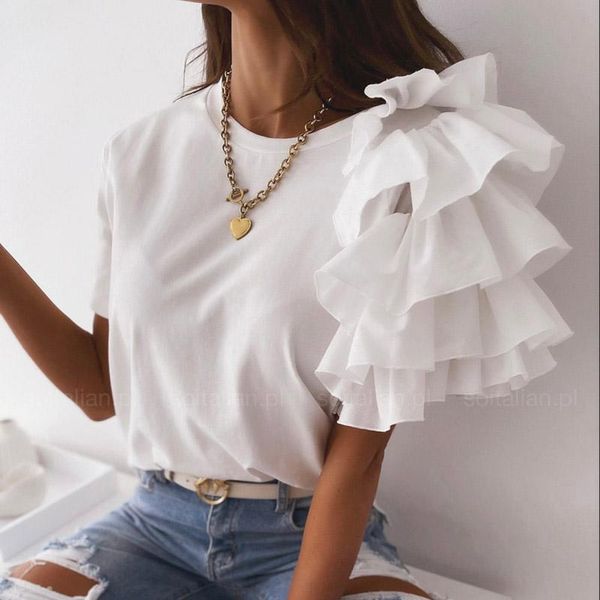

women's t-shirt ruffles summer woman t-shirts short sleeve t shirt women female casual tshirt 2021 funny tee, White