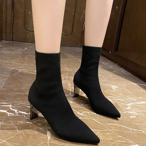 

2021 new socks boots women pointed toe thin high heels ankle sock botas mujer fashion ladies pumps autumn winter io5n 5i84, Black
