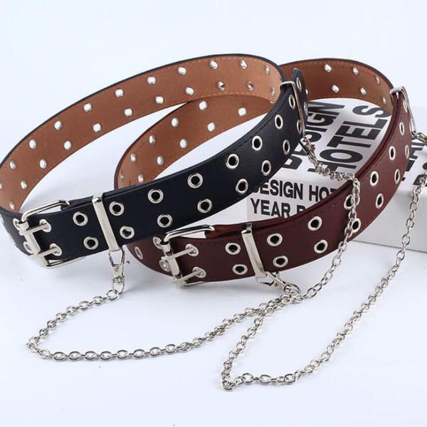 

designer new women punk chain fashion adjustable belt double/single row hole eyelet waistband with eyelet chain decorative belts, Black;brown