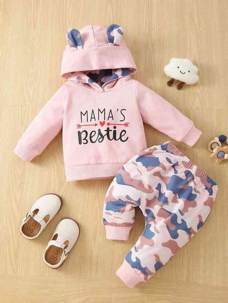 

baby letter & camo print 3d ear design hoodie & sweatpants she, White