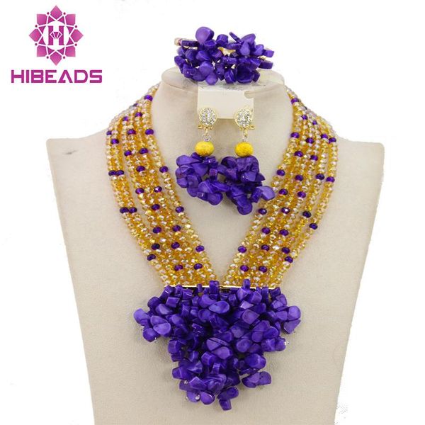 

earrings & necklace latest nigerian wedding african beads jewelry set gold crystal necklaces purple coral amj138, Silver