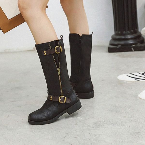 

womens boots mid calf boots women round toe thick heels spring autumn winter fashion ladies black brown shoes long boot d 52 ankle boo p7yi#