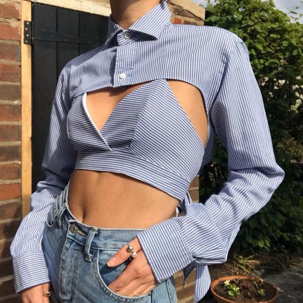 

two piece lapel collar cropped camis t shirts fashion hollow striped shirts lantern sleeve lace up streetwear, White