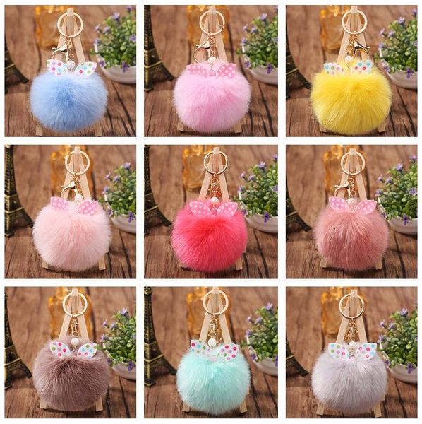 

selling ladies cute fur ball key chain bowknot fur ball bag key chain pendant dmkr358 mix order key rings, Slivery;golden