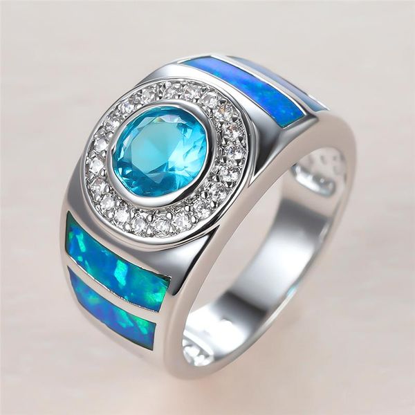 

wedding rings dainty female aqua blue round crystal charm silver color for women luxury bride opal stone engagement ring, Slivery;golden